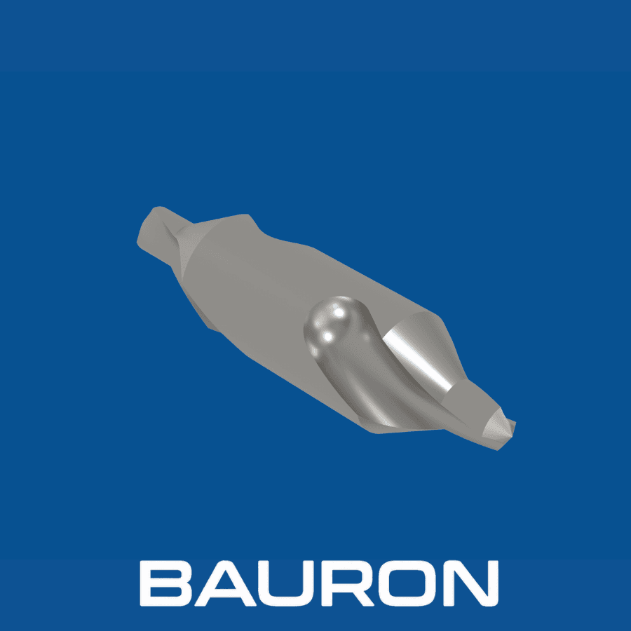 Bauron double-ended center drill bit shown at an angle with short rigid body and pilot points