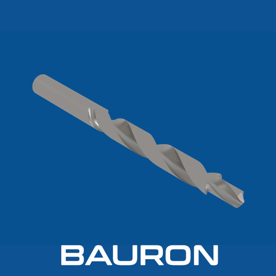 Bauron piloted counterbore drill shown at an angle with long spiral-fluted body