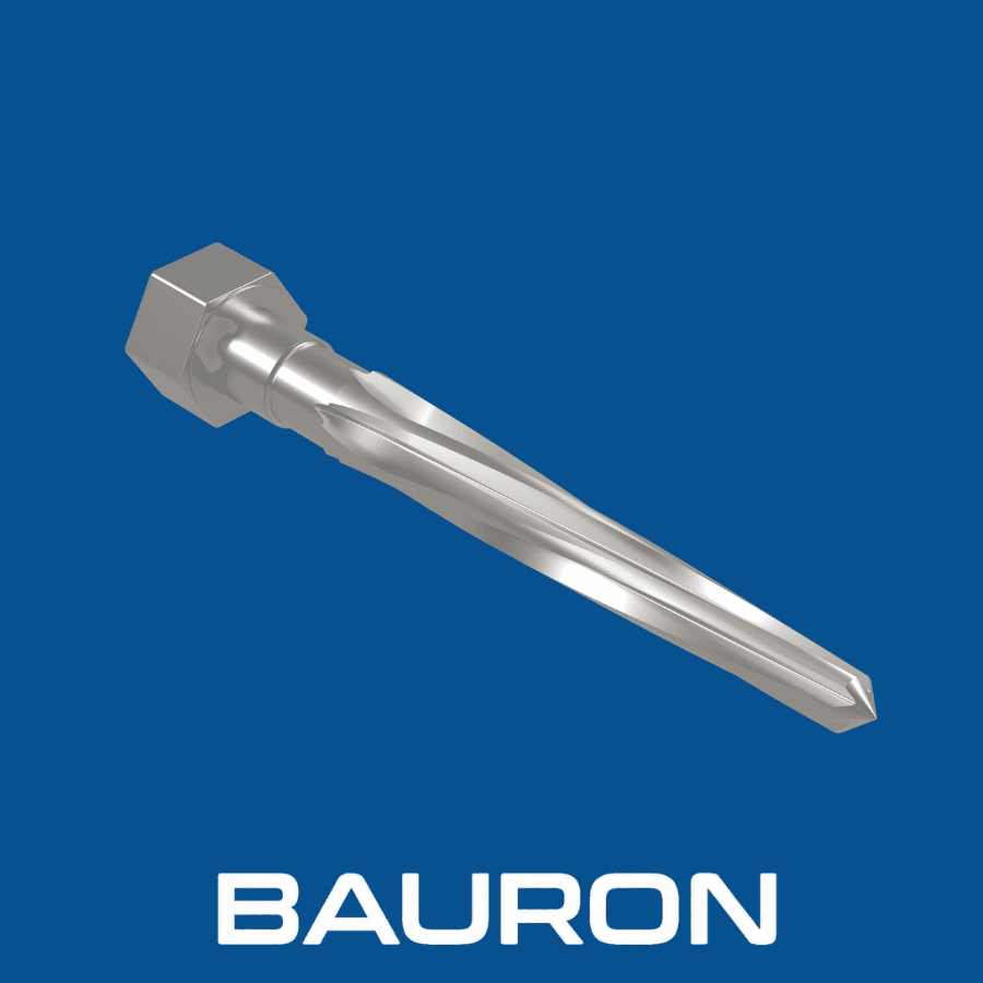 Angled rendering of a silver car reamer showing its hex shank, tapered nose, and spiral cutting edges